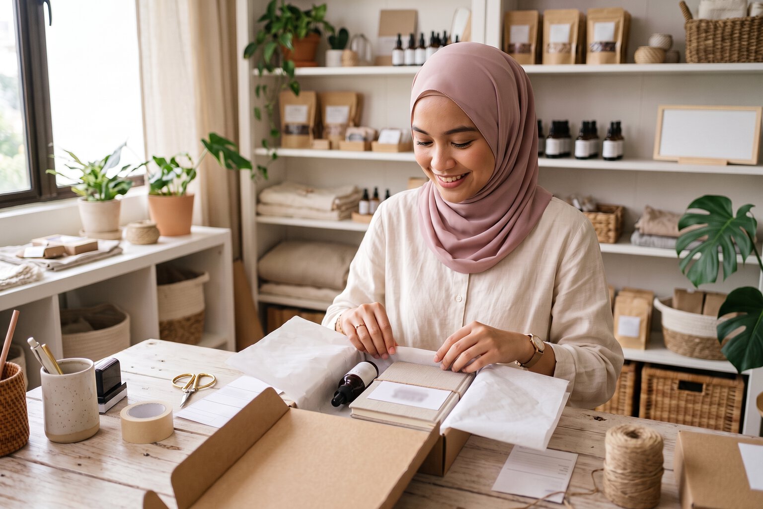 Usahawan wanita berhijab menyediakan pesanan pelanggan untuk dihantar